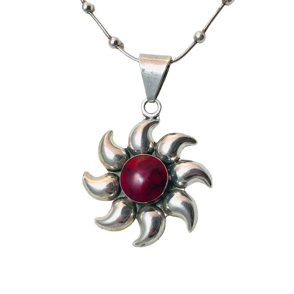 Vintage Sterling Silver Red Jasper Necklace Sun‎ Sunburst Star Pendant Italy